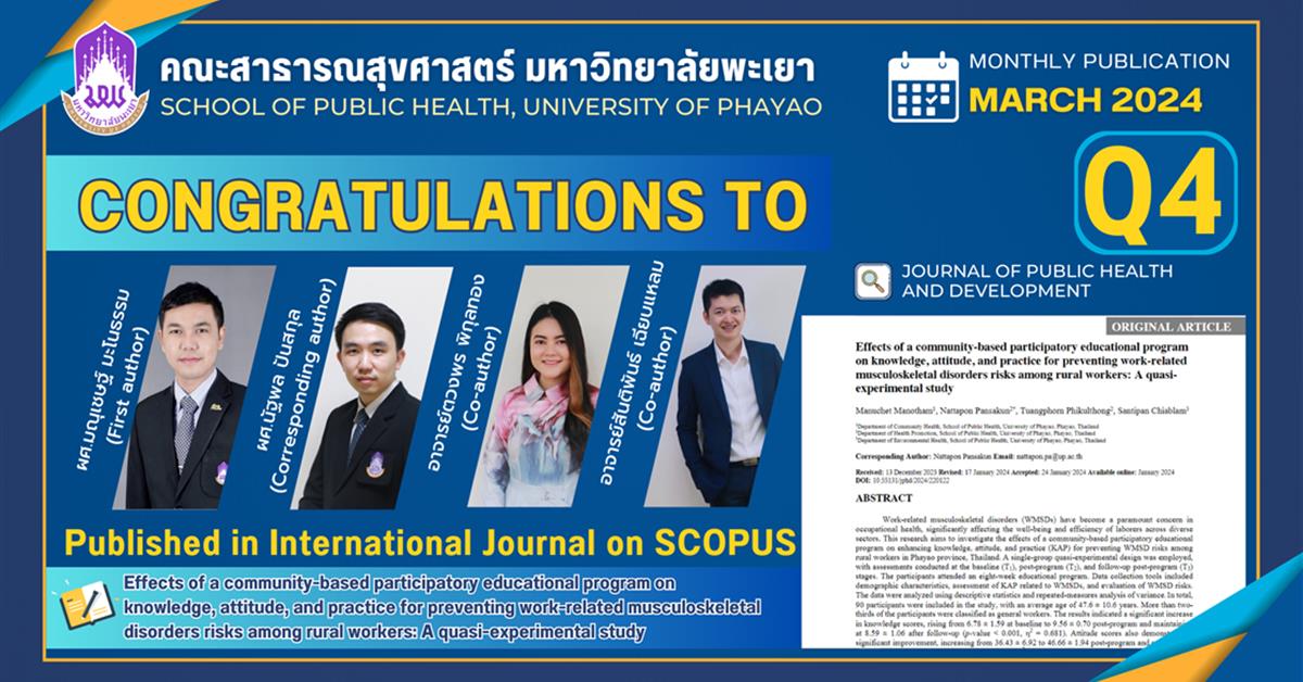 คณะสาธารณสุขศาสตร์ ขอแสดงความยินดีกับอาจารย์ที่ได้รับการตีพิมพ์ในวารสาร ระดับนานาชาติ